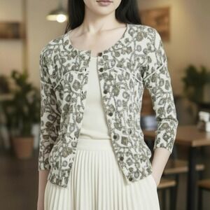 Charlie & Robin Anthropoloie Cardigan M Cream Jewel &‎ Key Soft Neutral Preppy